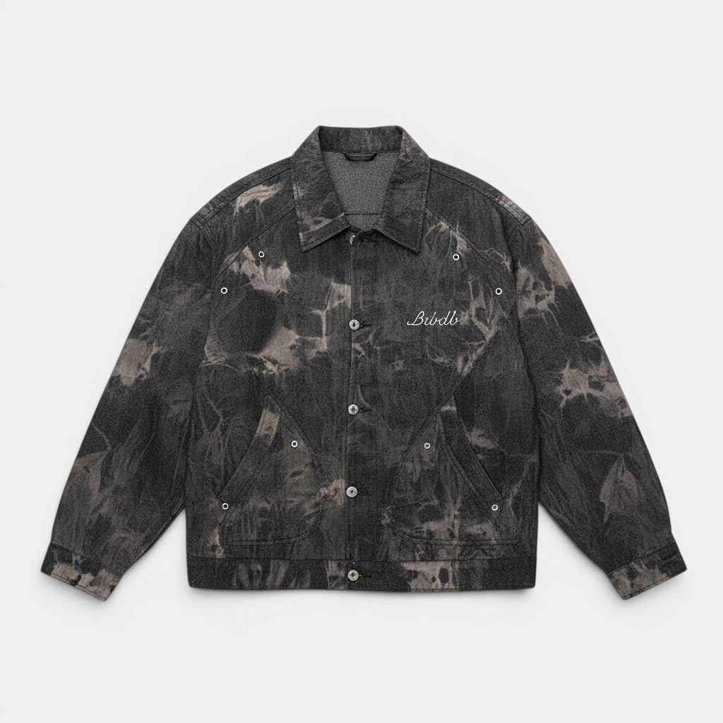 Allzom women's tie-dye embroidered denim coat in grey and black. Features a unique wash and artisanal detailing.