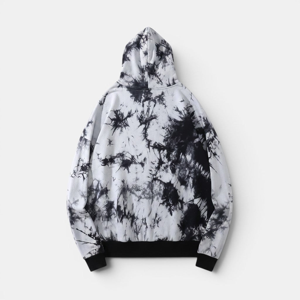 Allzom tie-dye hooded pullover sweater in black and white with a loose fit and ribbed cuffs.