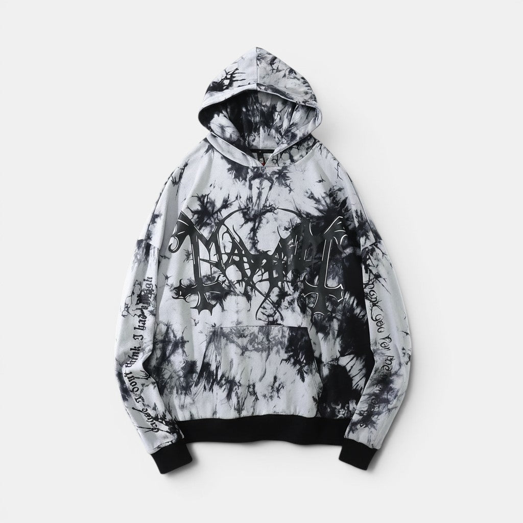 Allzom tie-dye loose hooded pullover sweater with graphic print and text on sleeves. Black and white tie-dye pattern.