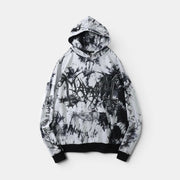 Allzom tie-dye loose hooded pullover sweater with graphic print and text on sleeves. Black and white tie-dye pattern.