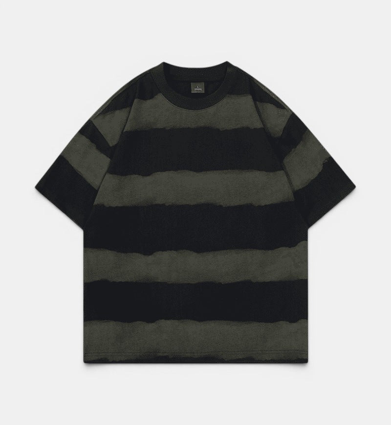 Allzom men's short-sleeve cotton t-shirt with black and olive green tie-dye stripes and a relaxed fit.