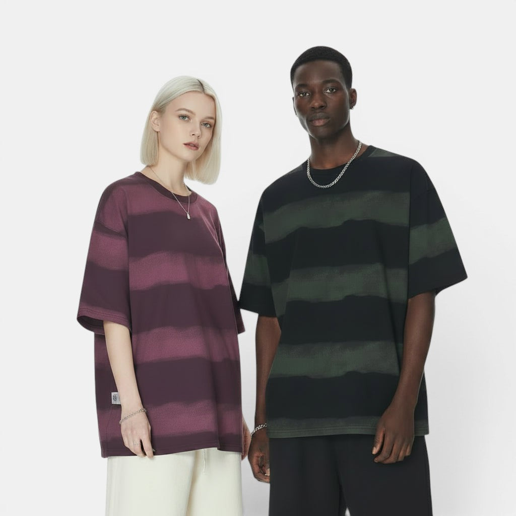 Allzom men's tie-dye washed striped short-sleeve cotton t-shirt in plum and dark green. Relaxed fit.