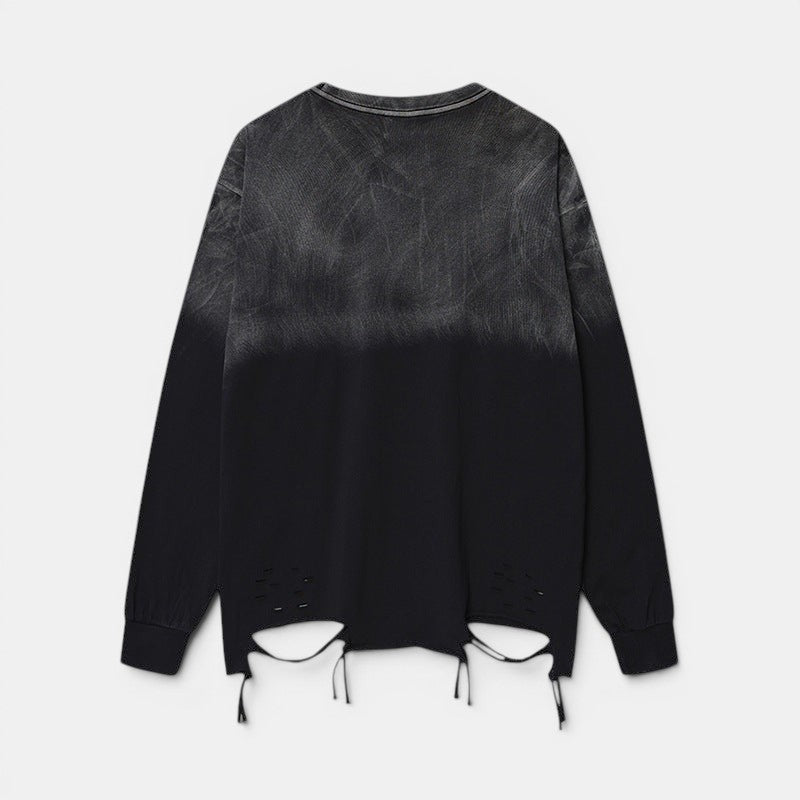 Allzom top preto de manga comprida em algodão com efeito ombré desbotado e detalhes rasgados.