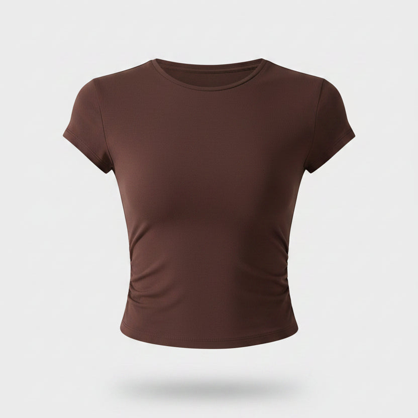 Allzom T-shirt de manga curta desportiva feminina em castanho, com decote redondo e tecido respirável.