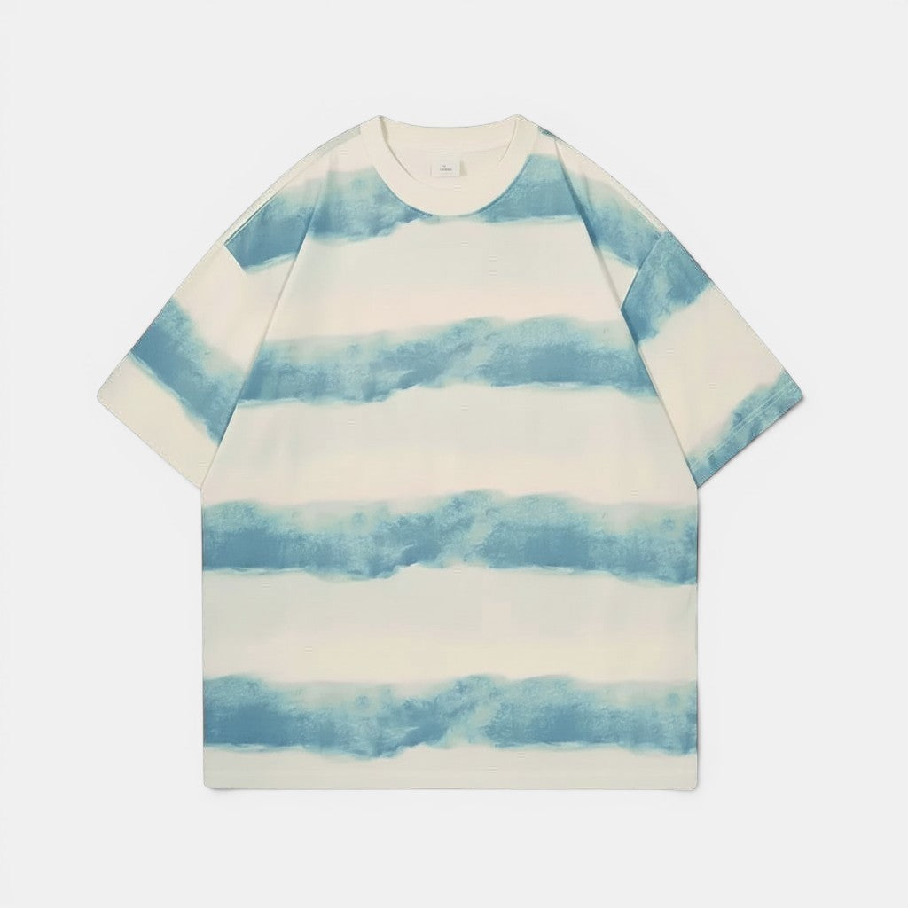 Allzom T-shirt de algodão branca com padrão de listras azuis em aquarela, manga curta, gola redonda.
