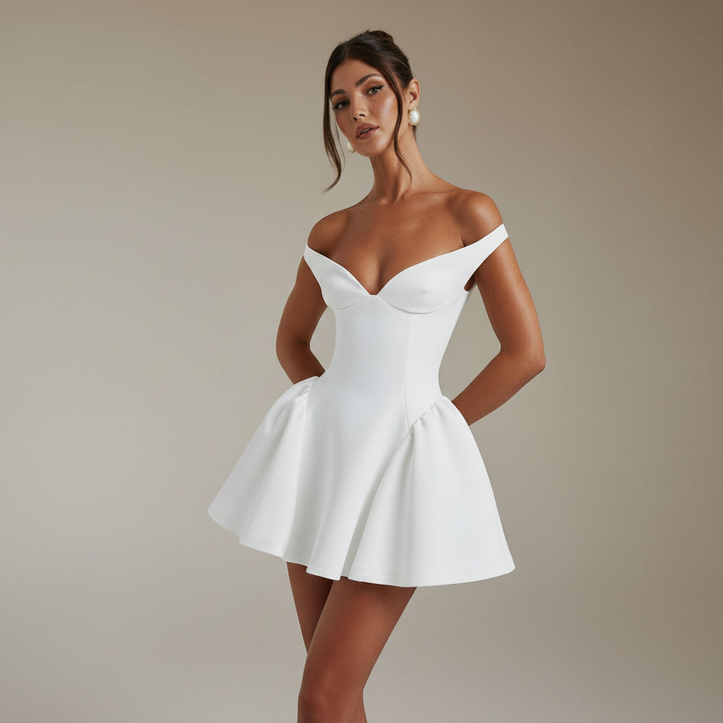 Allzom Vestido branco de poliéster com decote em V e ombros de fora, saia em linha A, justo na cintura, com bolsos laterais.