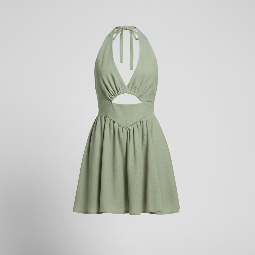 Vintage Women Hollow Out Short Dress Summer V-neck Halter Dress Sleeveless Mini Dresses Backless Holiday Beach Sundress Vestidos