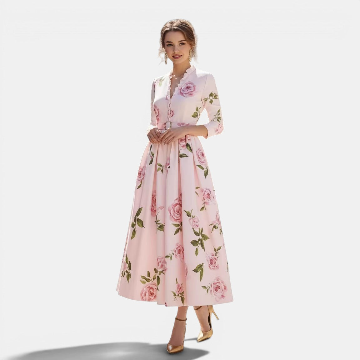 Allzom vestido maxi rosa pálido com estampa floral de rosas, decote em V e mangas compridas, estilo retrô.