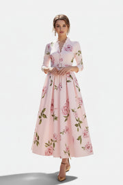 Allzom vestido maxi rosa pálido com estampa floral de rosas, decote em V e mangas compridas, estilo retrô.