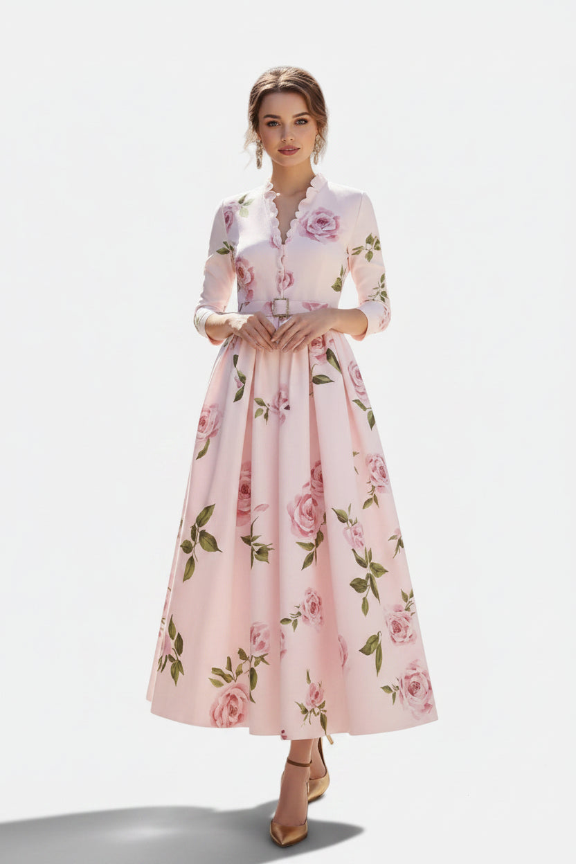Allzom vestido maxi rosa pálido com estampa floral de rosas, decote em V e mangas compridas, estilo retrô.