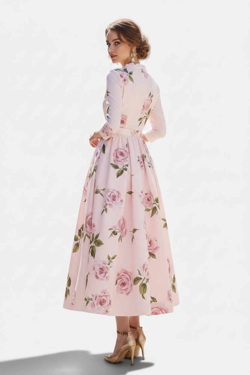 Women's Printed V-Neck Defined-Waist A-Line Dress