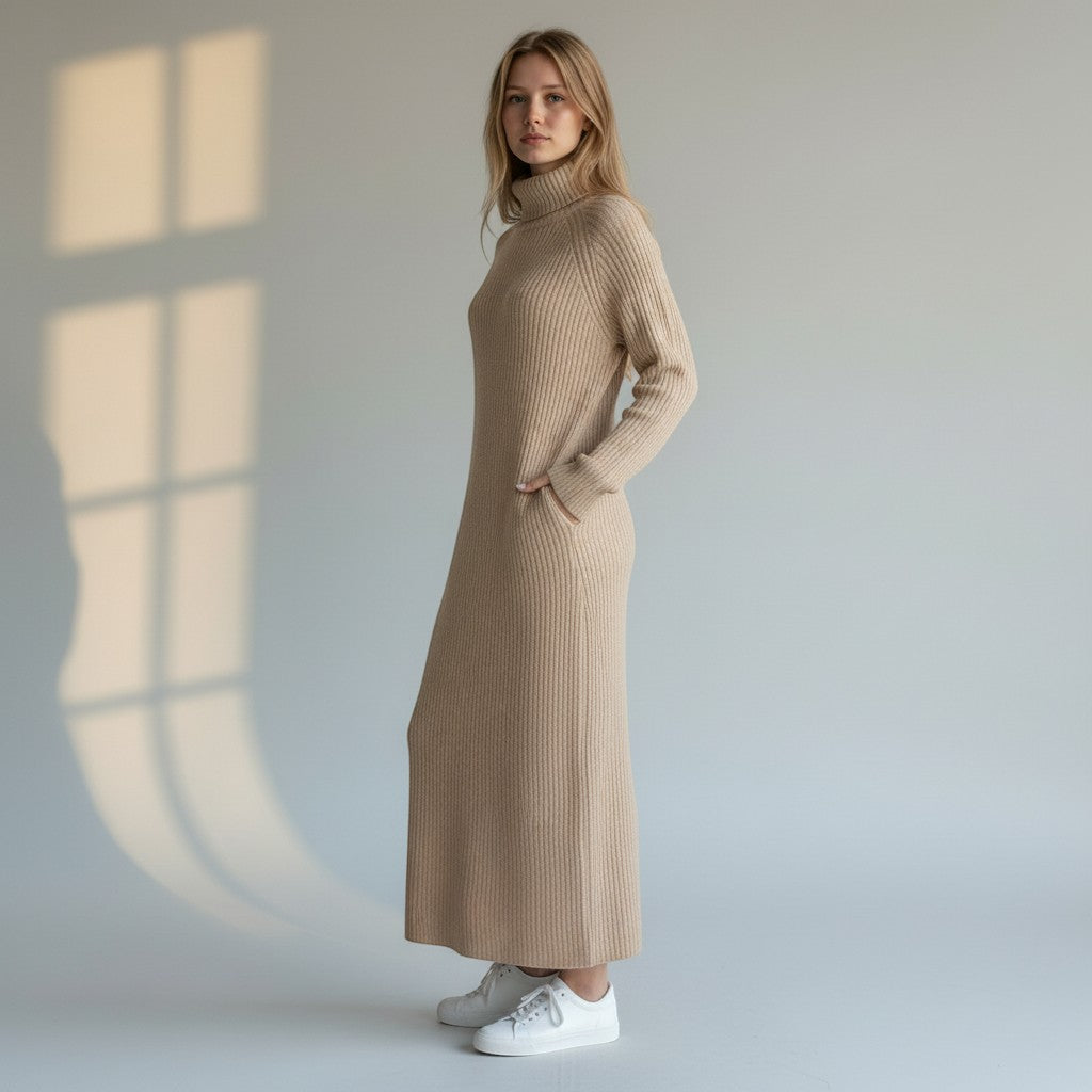 Vestido de malha bege Allzom com gola alta, mangas compridas e silhueta solta. Modelo com ténis brancos.