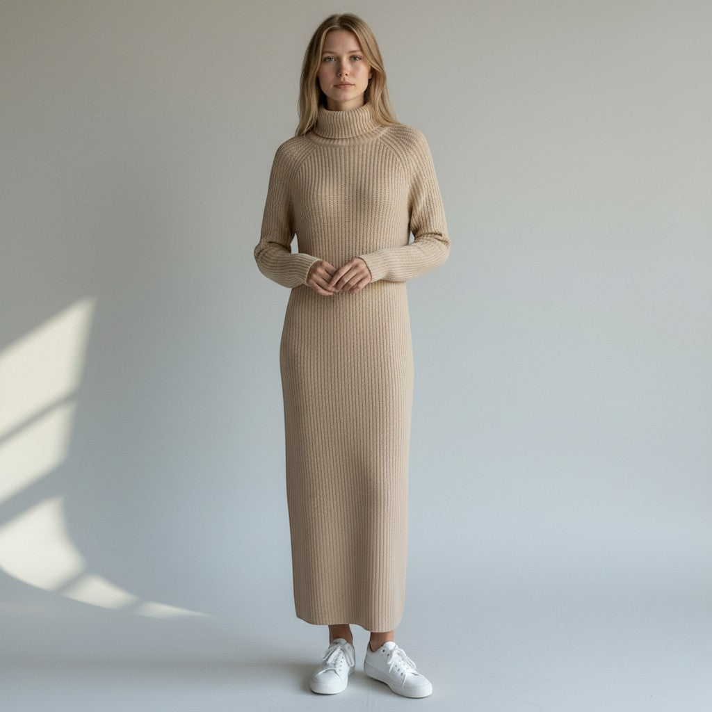 Vestido de malha bege Allzom com gola alta e silhueta solta, comprimento maxi, usado com ténis brancos.