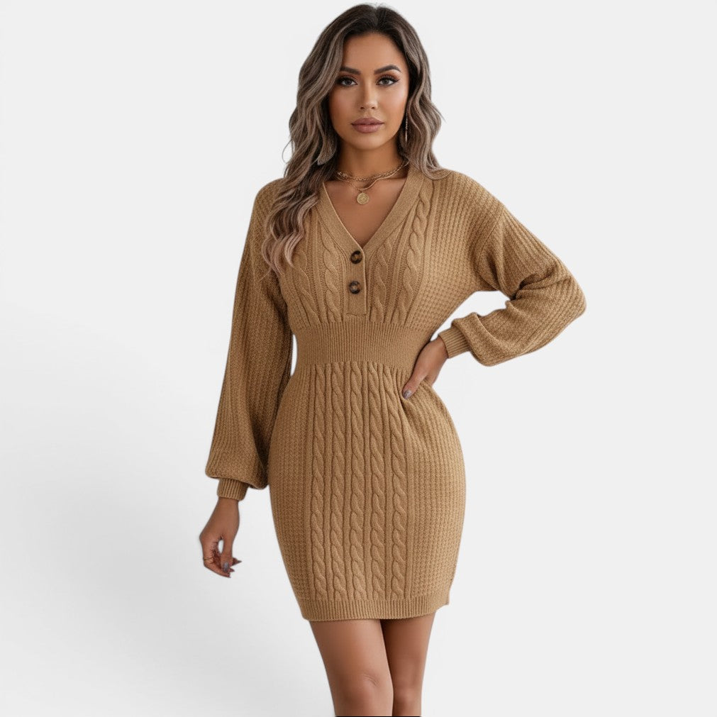 Vestido de malha Allzom em camelo com mangas compridas de lanterna, decote em V e botões. Estilo elegante e justo.