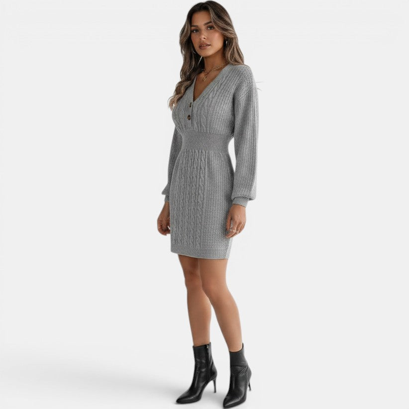 Vestido de malha cinzento Allzom com decote em V, botões e mangas compridas em malha de cabos.