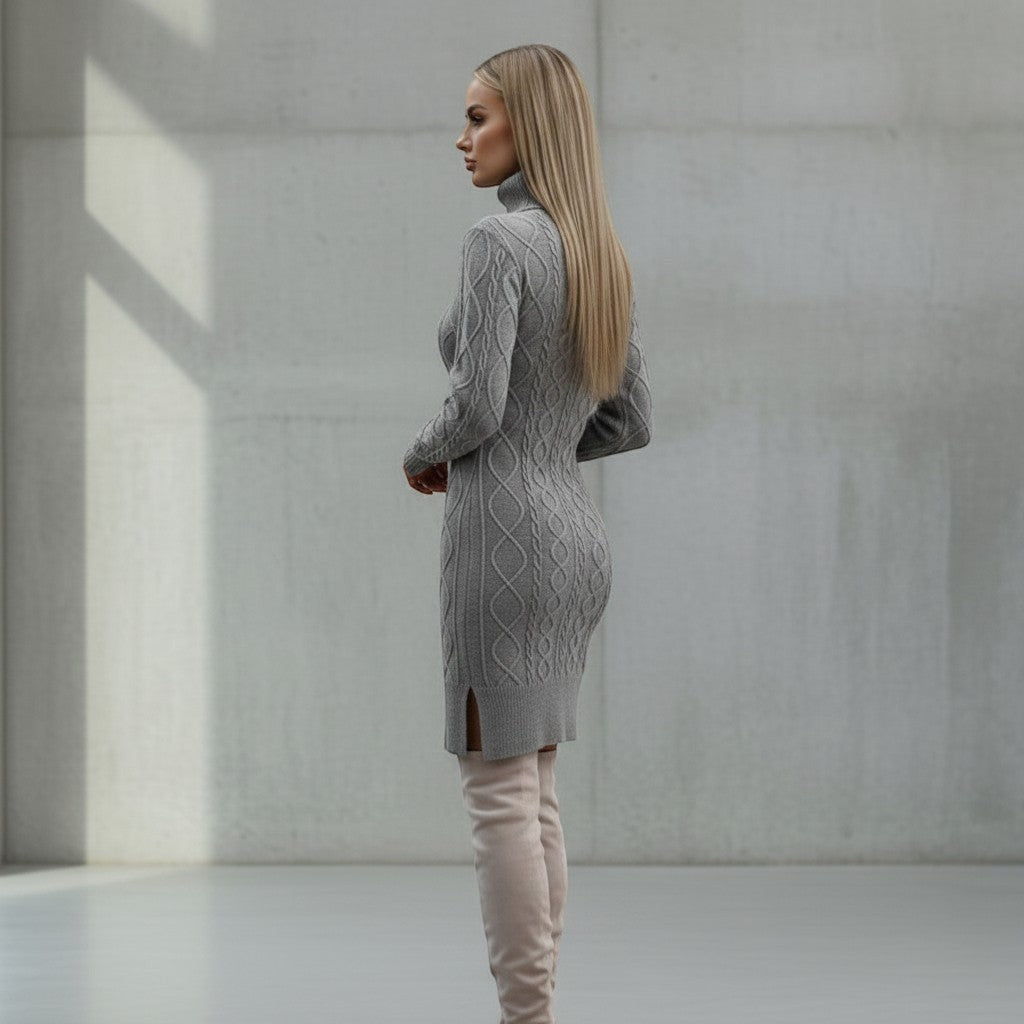 Allzom mulher vestido de malha cinzento com gola alta e fenda lateral, com padrão de cabos.