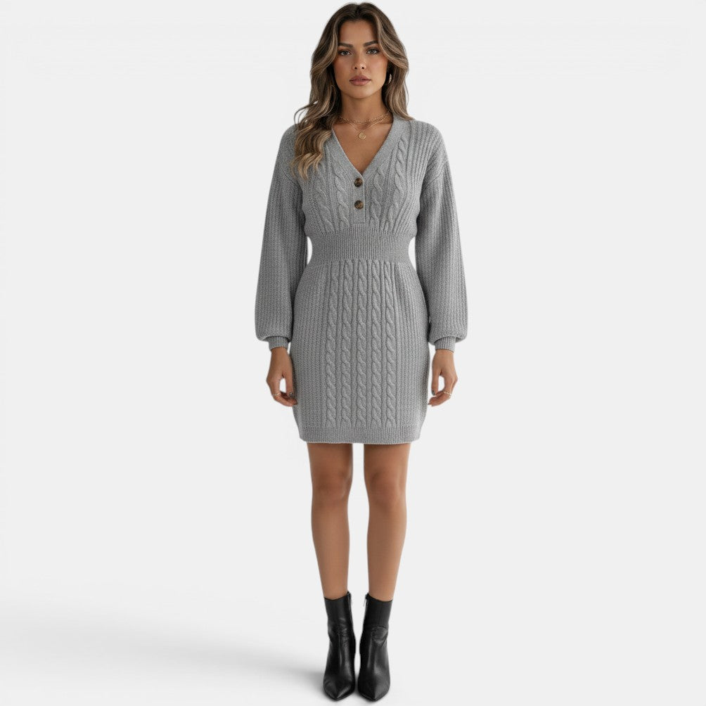 Vestido de malha cinzento Allzom com mangas de lanterna, decote em V e botões, estilo elegante e feminino.