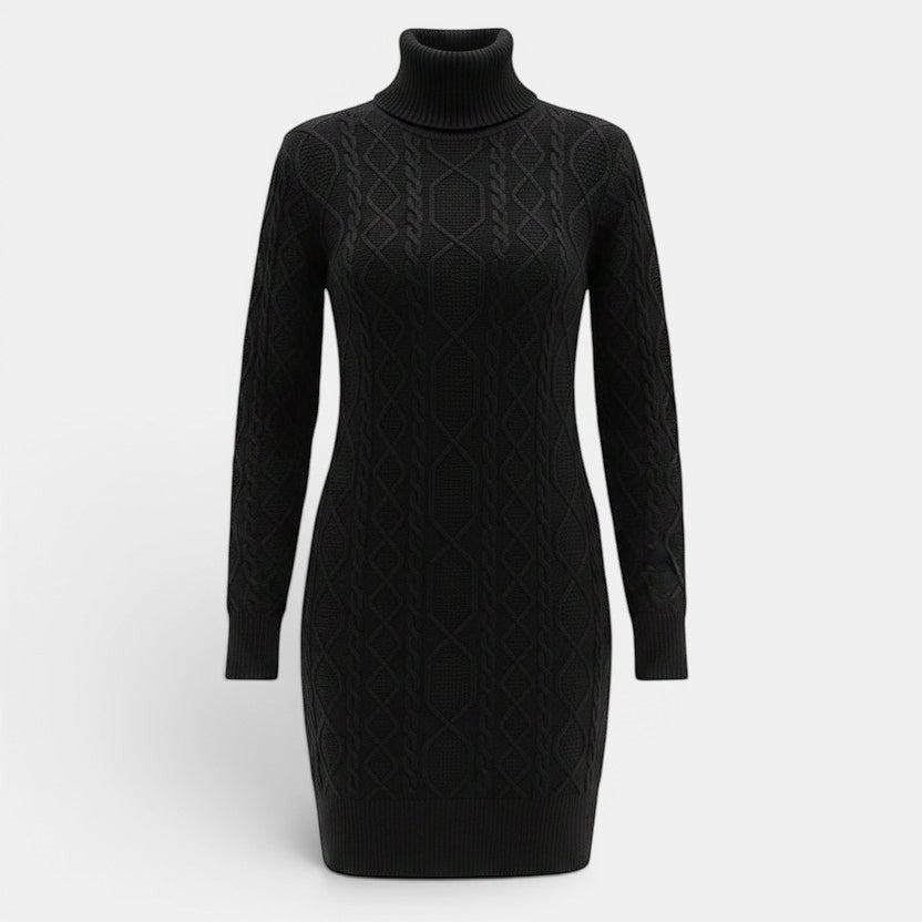 Allzom vestido de malha preto com gola alta e padrão de cabos, comprimento até ao joelho, manga comprida.