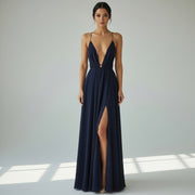 Allzom vestido maxi azul-marinho sem mangas, decote em V profundo, costas abertas, fenda alta, tecido de chiffon, para festas formais de verão.