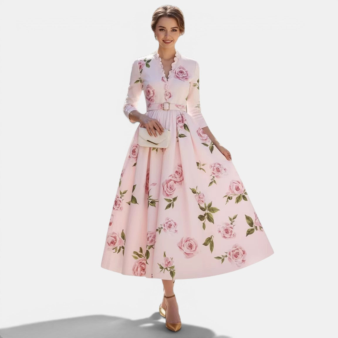 Allzom vestido maxi rosa com padrão floral de rosas, decote em V e mangas compridas. Cintura definida com cinto.