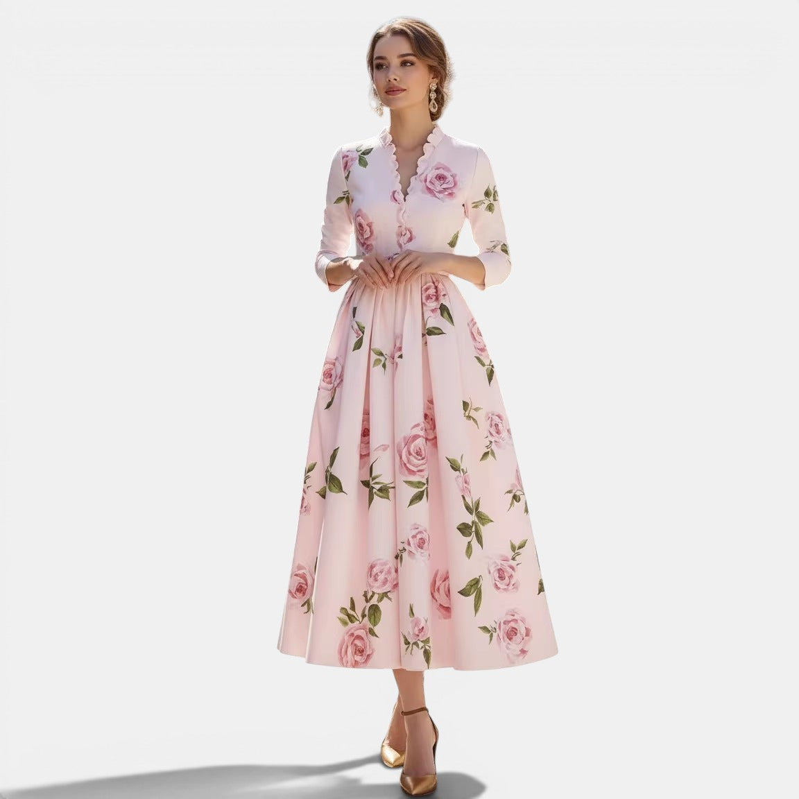 Allzom Vestido maxi rosa pálido com decote em V e estampa floral de rosas, mangas de três quartos, cintura definida, estilo evasê.