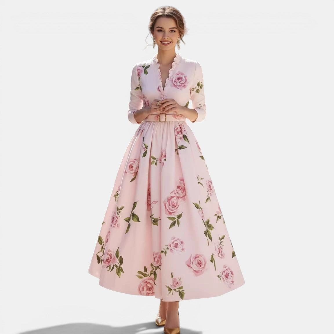Allzom vestido maxi rosa com padrão floral de rosas, decote em V e mangas compridas, estilo retrô.