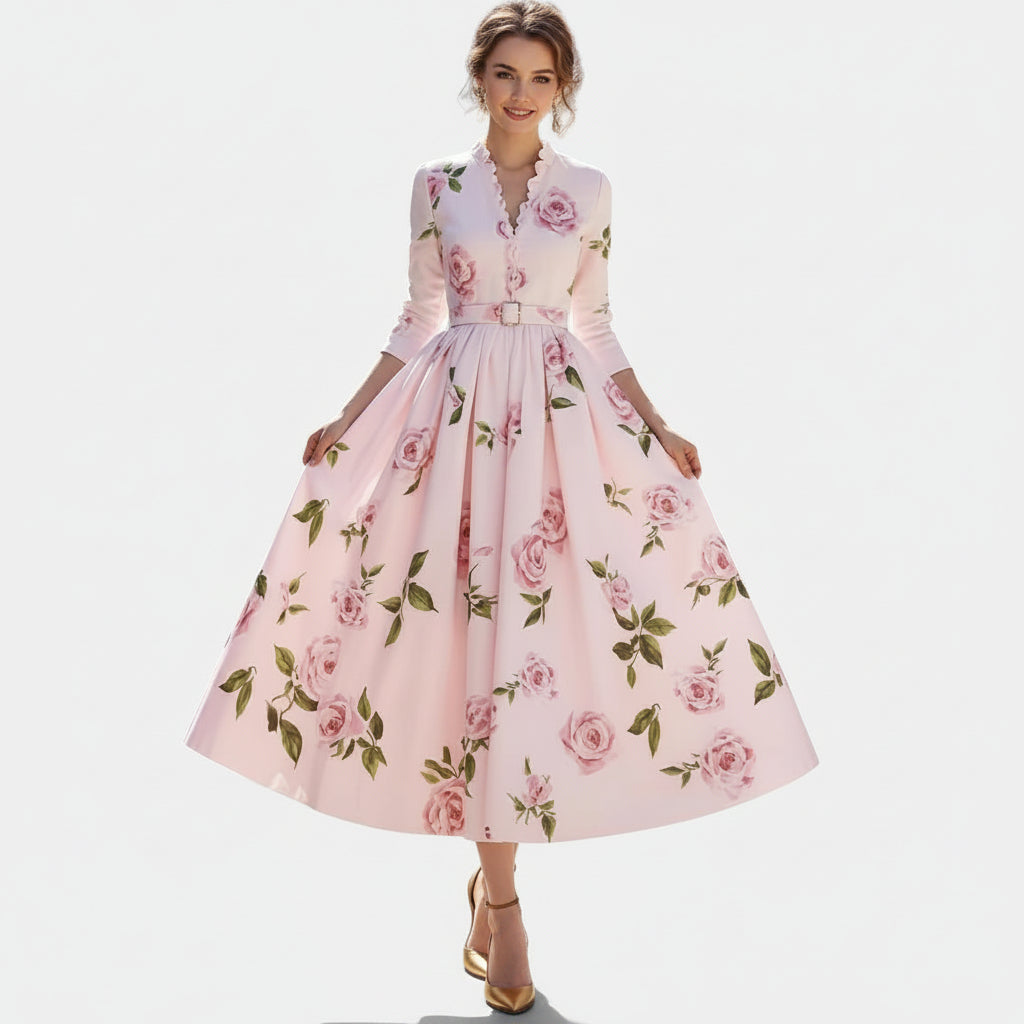 Allzom vestido maxi rosa com padrão floral de rosas, decote em V e mangas compridas, com cinto.