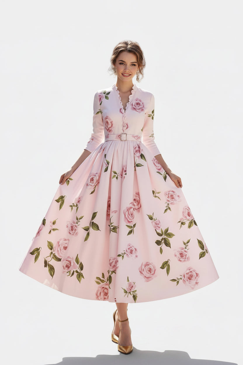Allzom vestido maxi rosa com padrão floral de rosas, decote em V e mangas compridas, com cinto.