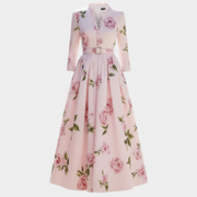 Fashionable Printed V-Neck Defined-Waist Long-Sleeve A-Line Womens Dress