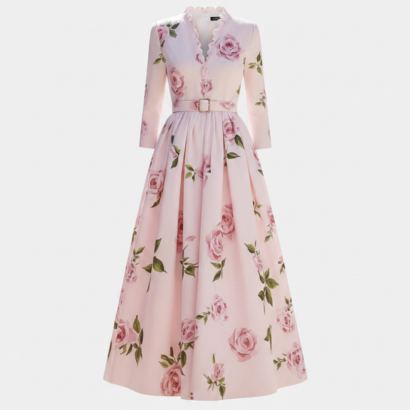 Fashionable Printed V-Neck Defined-Waist Long-Sleeve A-Line Womens Dress
