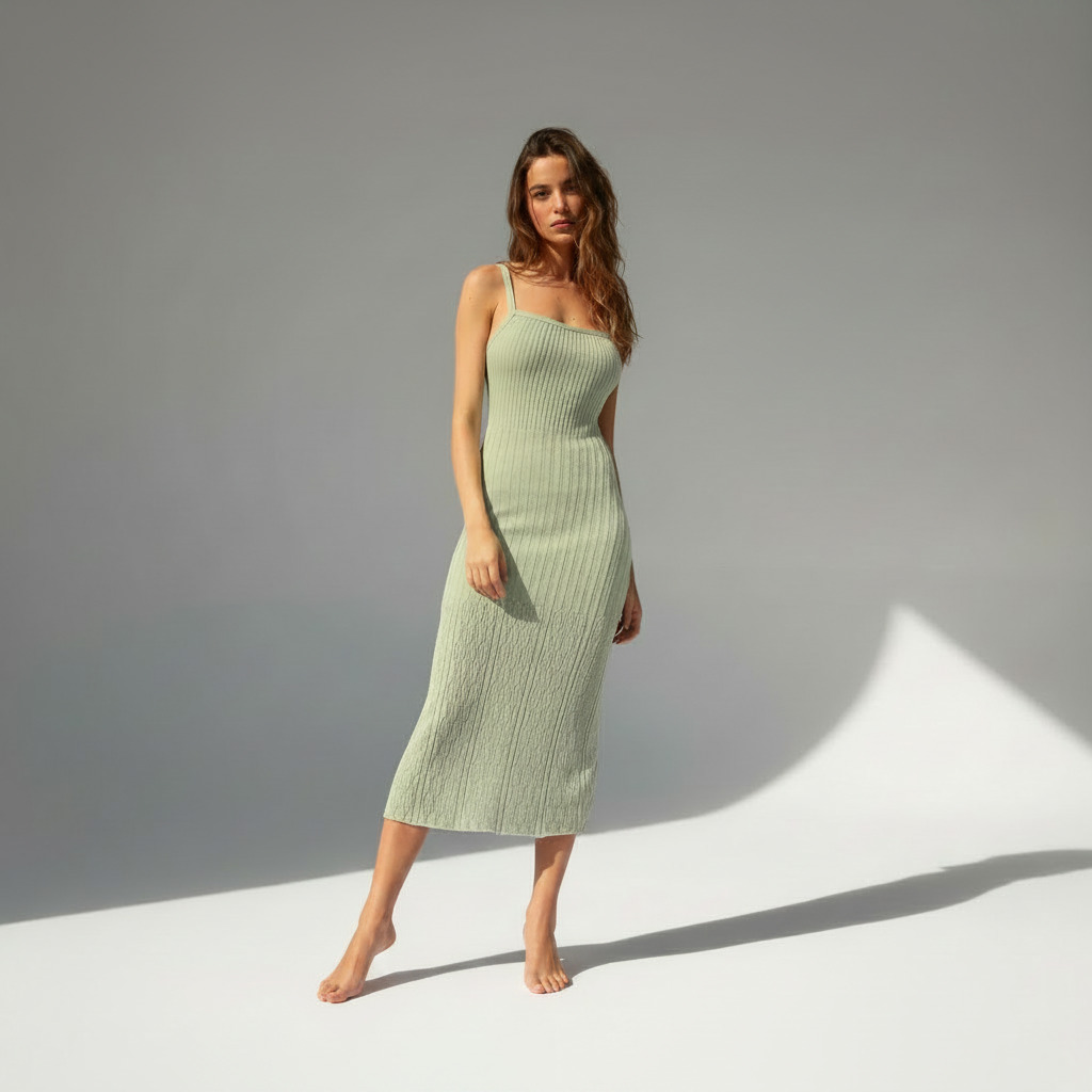 Summer Thin Hollow High Elastic Ice Silk Midi Dress