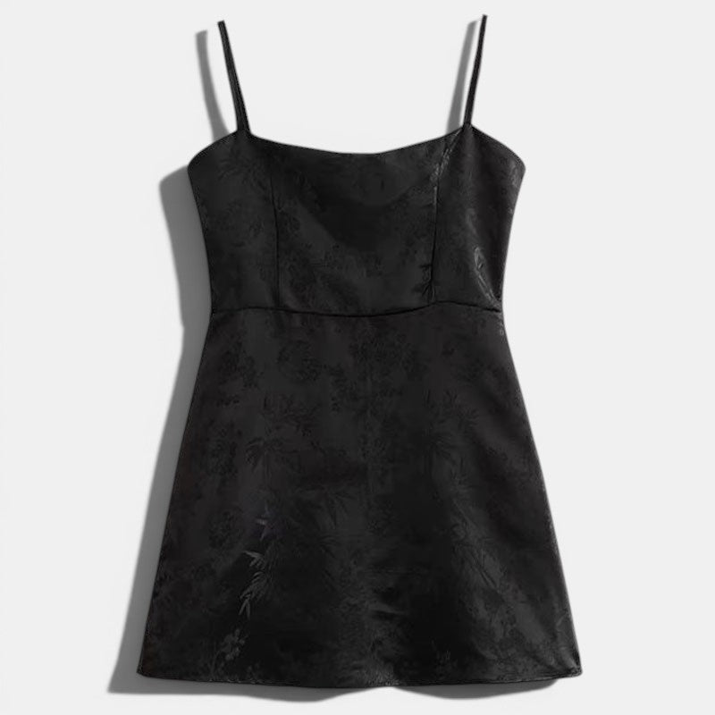 Allzom vestido curto preto de cetim com padrão floral em relevo, alças finas e decote quadrado, estilo chinês.