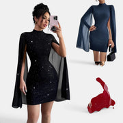 Allzom Mulher vestido preto justo com decote redondo, mangas de capa de chiffon e padrão de estrelas brilhantes.