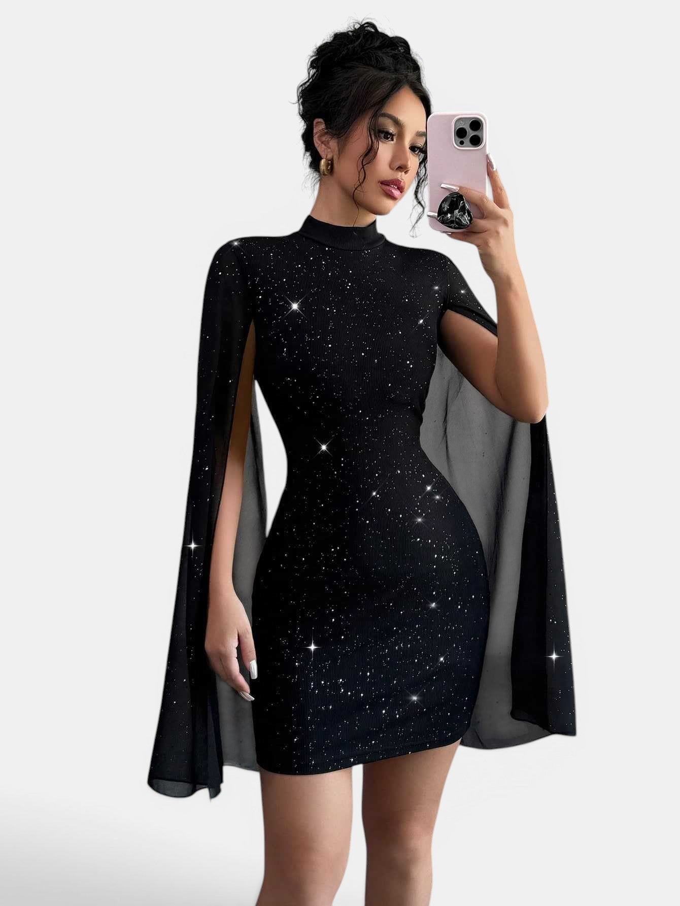 Vestido preto justo de malha com decote redondo e mangas de capa de chiffon com padrão de estrelas cintilantes da Allzom