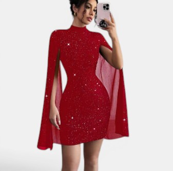 Allzom vestido vermelho justo com gola alta, mangas de capa e detalhes brilhantes, perfeito para festas.