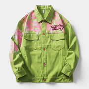 Allzom men's vintage green jacket with pink graphic print and lapel collar, featuring chest pockets and 'Milky' embroidery.