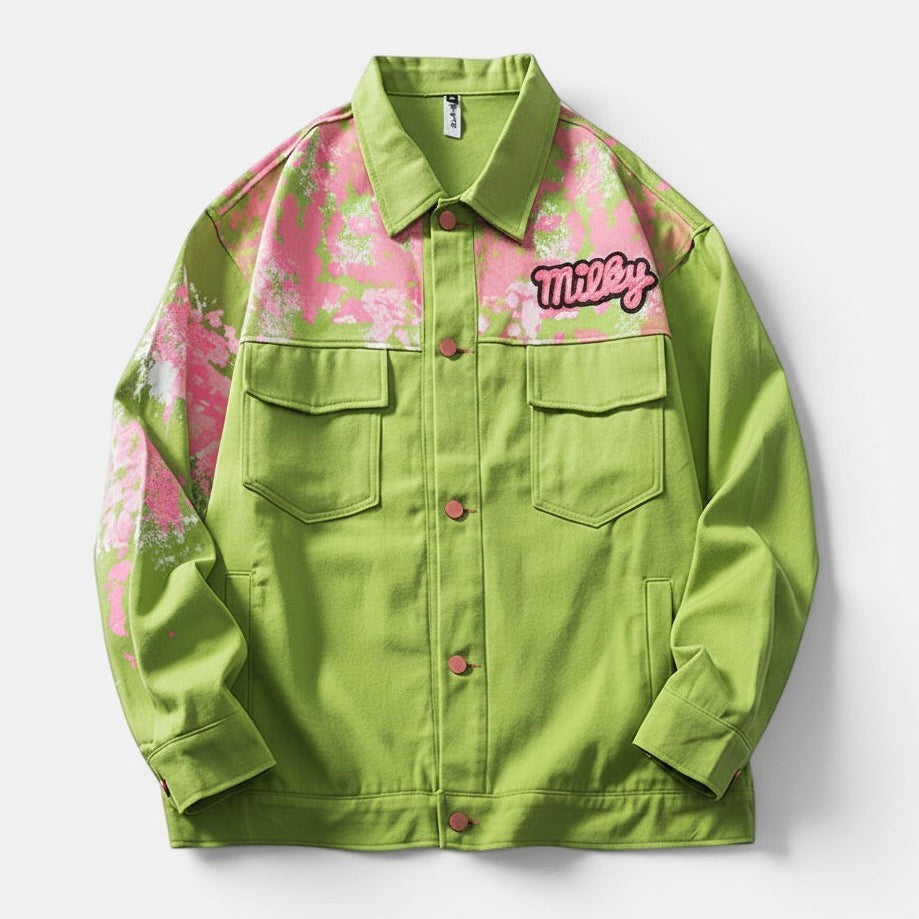 Allzom men's vintage green jacket with pink graphic print and lapel collar, featuring chest pockets and 'Milky' embroidery.