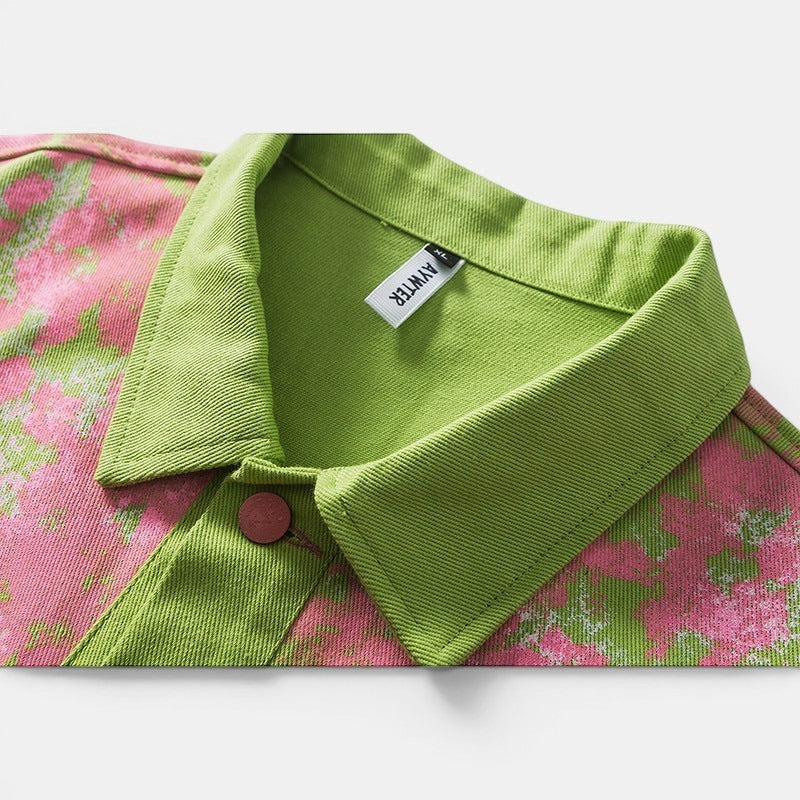 Allzom men's vintage lapel jacket with creative pink floral print and green collar. Lightweight spring outerwear.