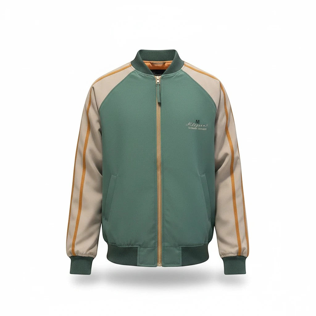 Allzom bomber jacket in green and beige with contrasting sleeves and a vulture print on the chest.