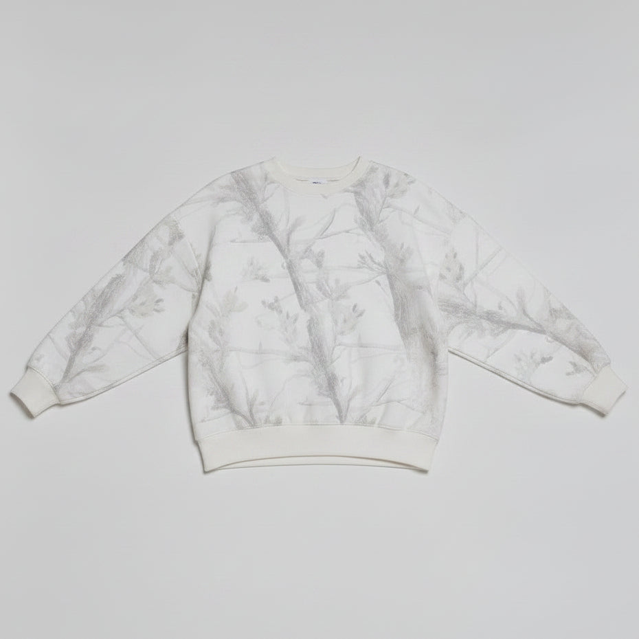 Allzom women's white camouflage maple leaf print sweatshirt and joggers. Soft sweatshirt fabric.