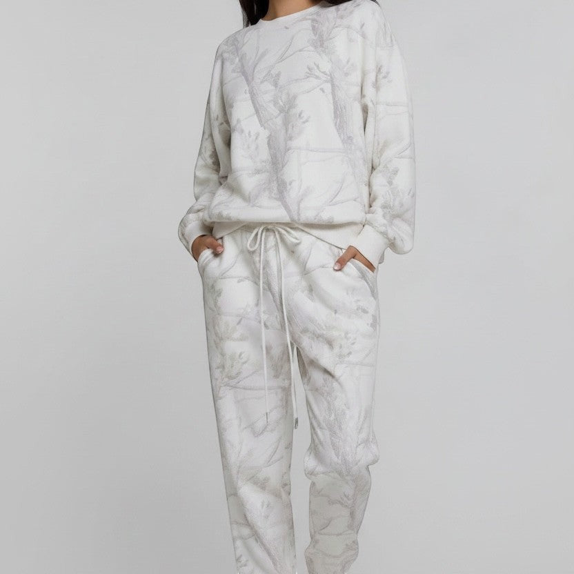 Allzom women's white camouflage maple leaf print sweatshirt and joggers set. Soft sweatshirt fabric.