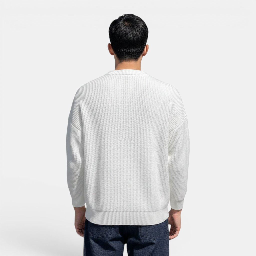 Allzom Men's white chunky-knit crew-neck sweater with ribbed texture and relaxed fit.