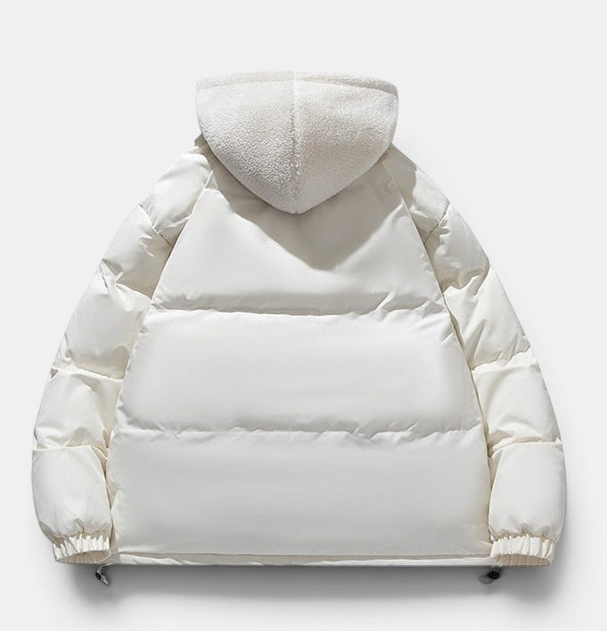 Allzom men's white fleece-lined cotton jacket with hood. Loose fit, ideal for cold weather.