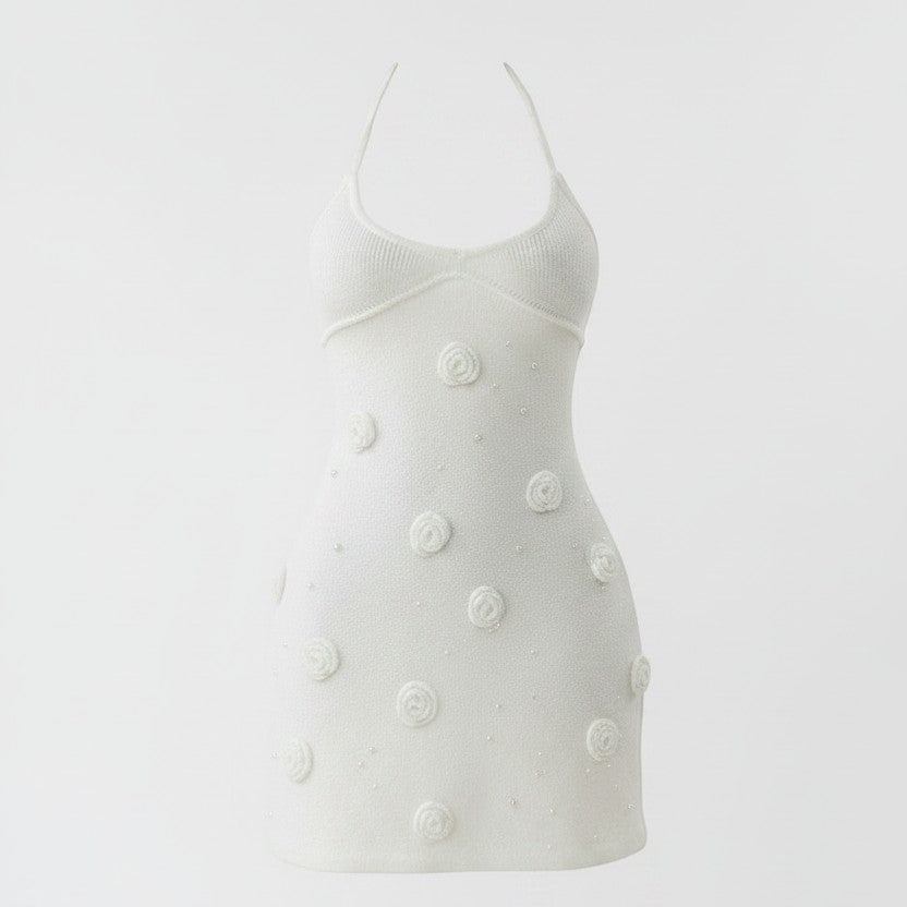 Allzom white Y2K backless floral mini dress with waist-cinching design and pearl embellishments.