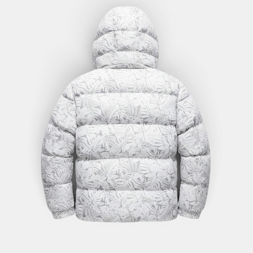 Allzom Men's white hooded down padded jacket with a grey leaf print, extra thick for winter.
