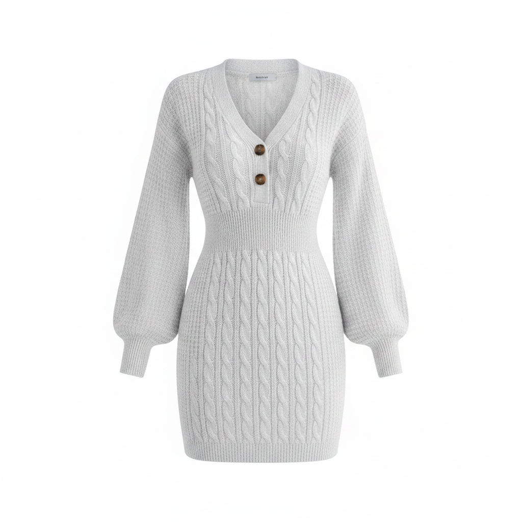 Women's Button Lantern Sleeve Dress – Elegant Flowy Style