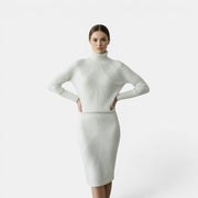 Allzom women's white slim fit turtleneck knitted sweater with chevron pattern detail.