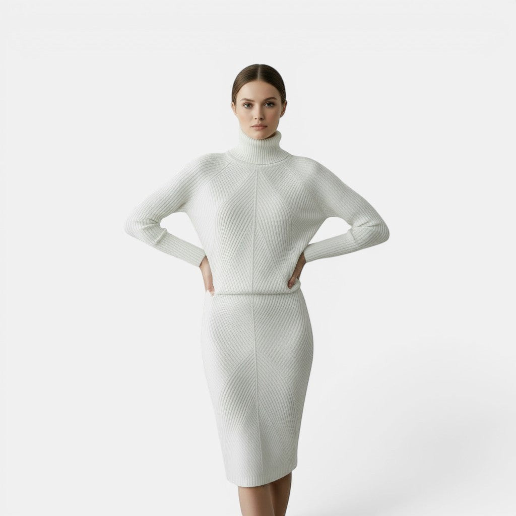 Allzom women's white slim fit turtleneck knitted sweater with chevron pattern detail.