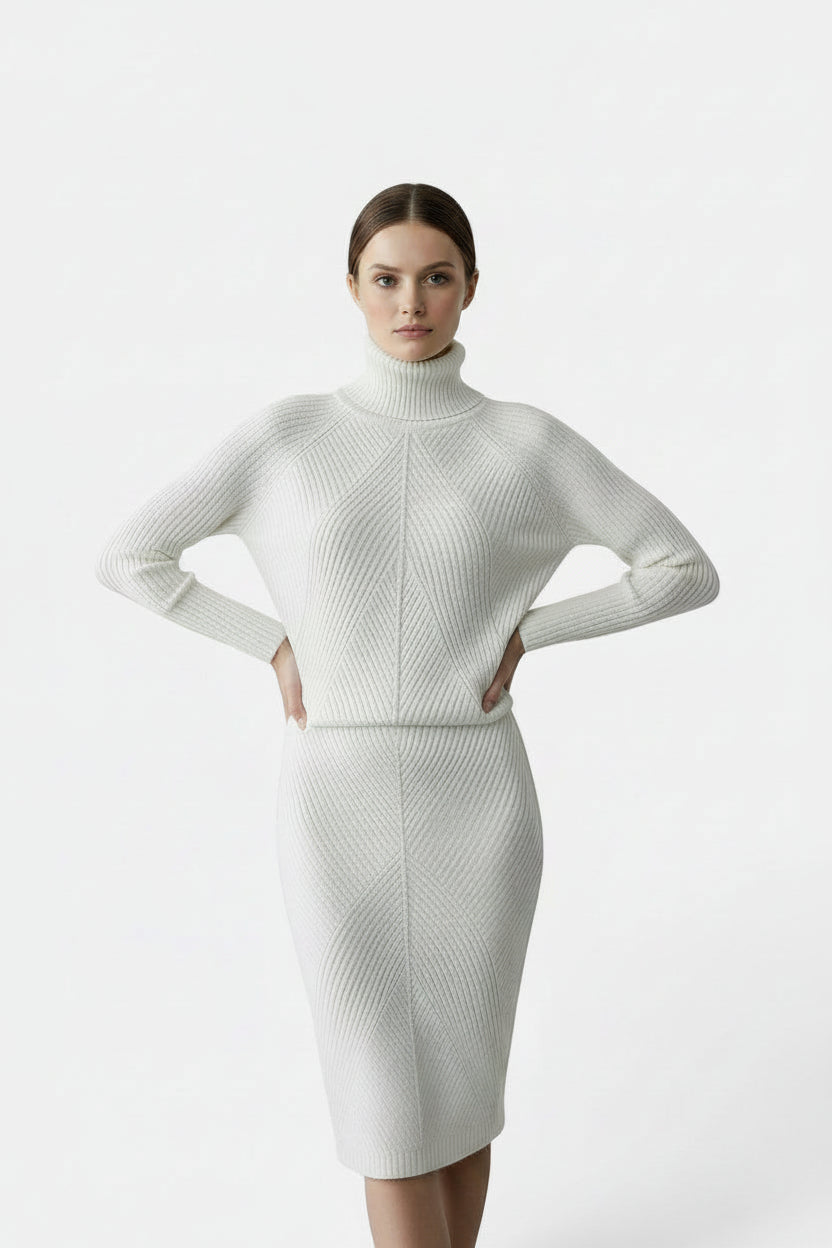 Allzom women's white slim fit turtleneck knitted sweater with chevron pattern detail.