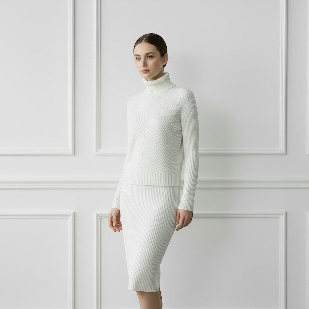 Allzom women's white slim fit turtleneck knitted sweater with ribbed texture and long sleeves.